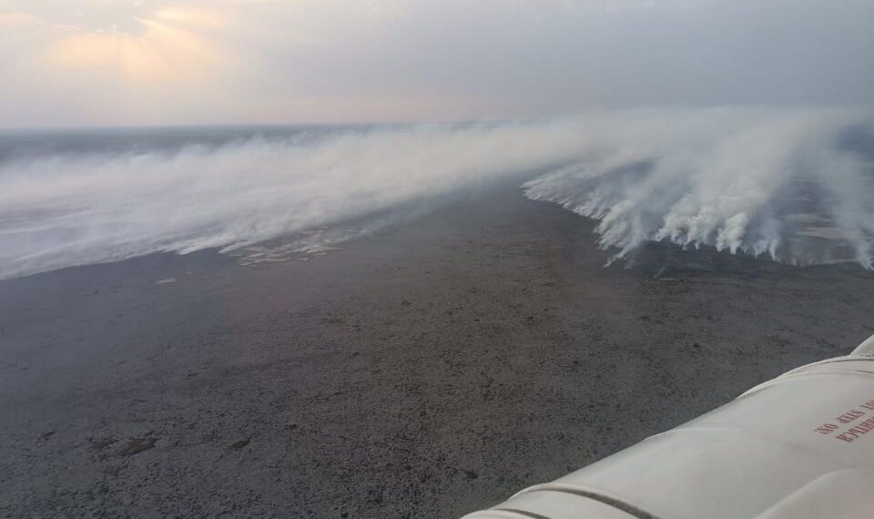 Пожарные тушат камыш в Атырауской области