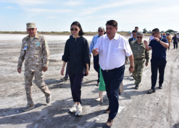 Глава Минэкологии Зульфия Сулейманова посетила розовое озеро в Павлодарской области